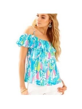 Lilly Pulitzer Aqua Multicolor Off-Shoulder Ruffle Camisole
